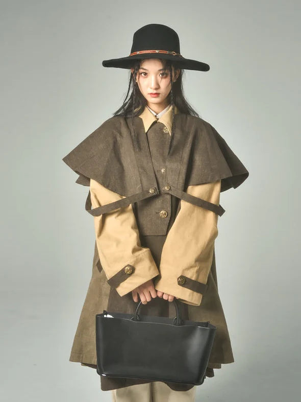 Retro Stitching Long Loose Cape Detachable Coat