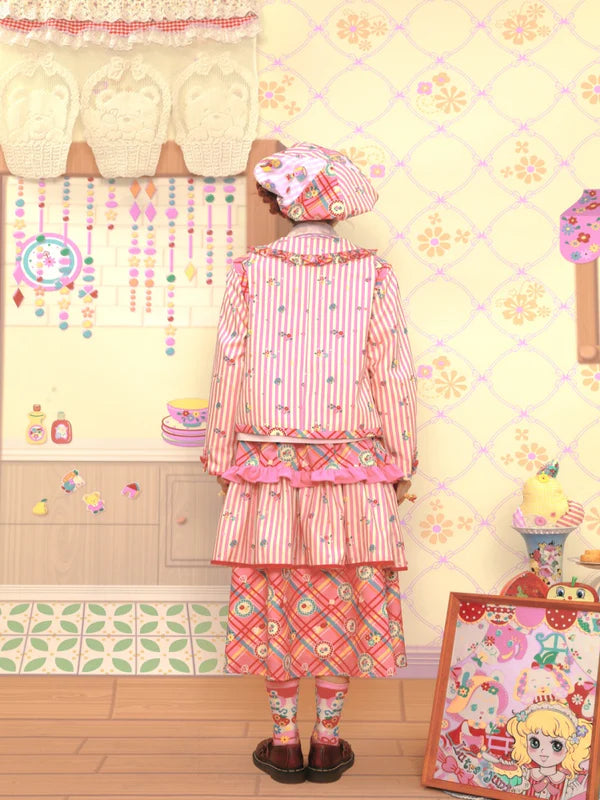 Printing Stripe Stitching Short Jacket & Cake Skirt