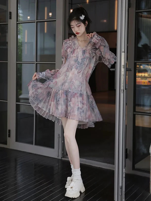 Oil Painting Printed Suspender Dress & Mesh Pleat Dress & Shirt Cardigan