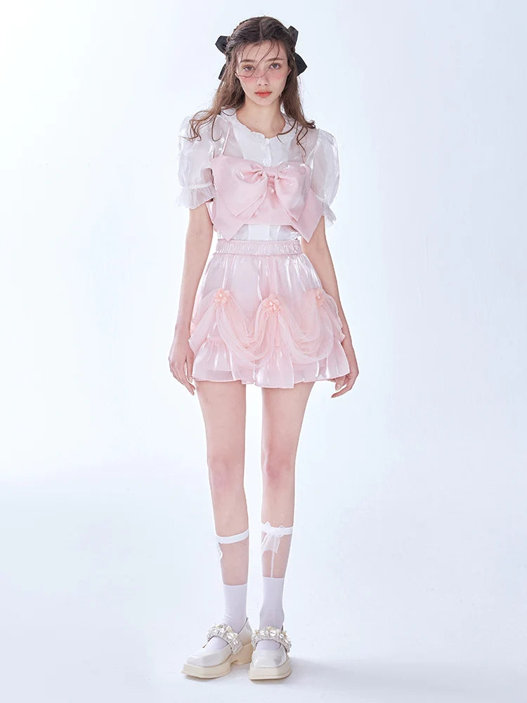 Pink Glossy Bow Halter Corset + Ruffle Skirt