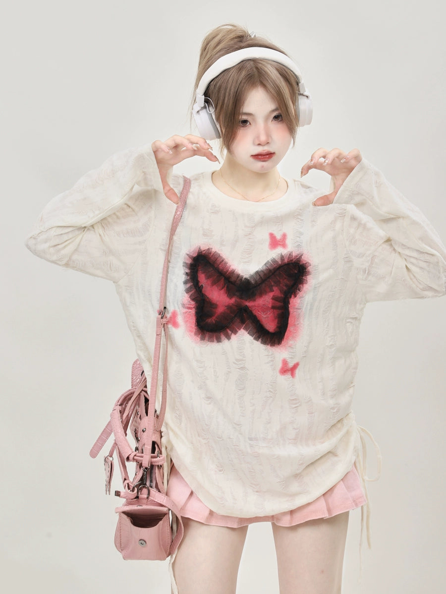 imKawaii Original Wasteland-style butterfly white long-sleeved top, undershirt, drawstring top -pn5016