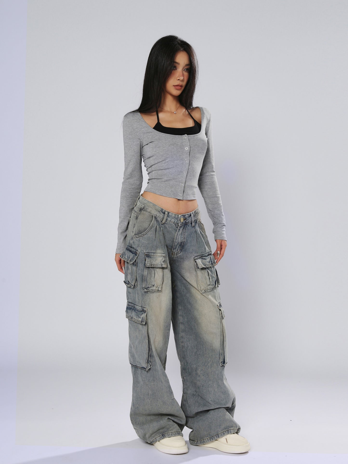 AN JITT Peach Collection" Women's Jeans American Retro Low-Waisted Straight Wide-Leg Loose Washed Multi-Pocket Work Pants Spring