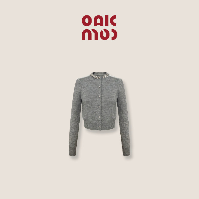 OAKMOO/ "Ordinary Haven" Floral Grey Round Neck Knitted Cardigan Women's Spring Long Sleeve Top