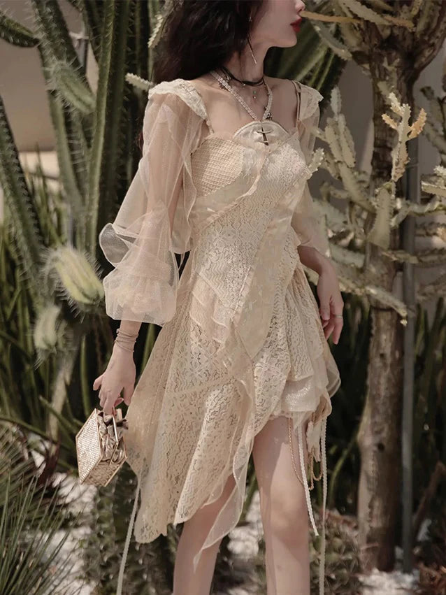 Lace Asymmetry Long Camisole Top & Cake Culottes Skirt & Shawl Top