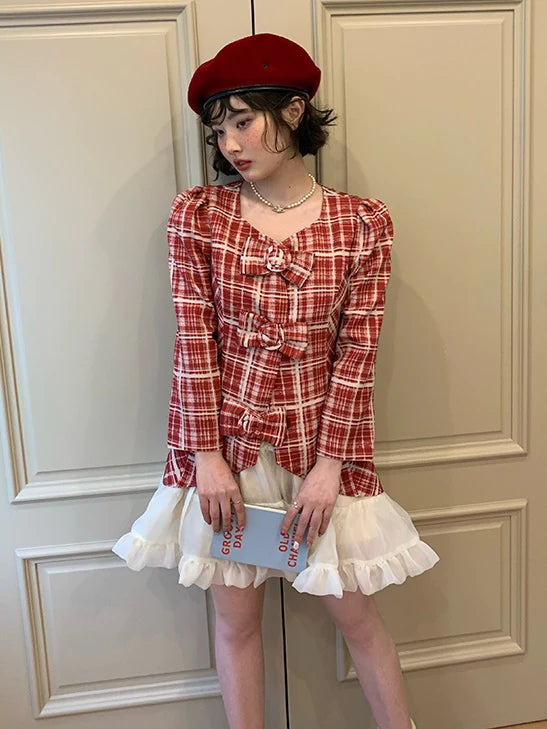 Plaid Puff Sleeve Jacket - Outfits Aesthetic