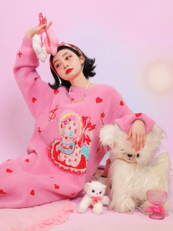 Pink Love Cat Sweater Skirt- Outfits Aesthetic