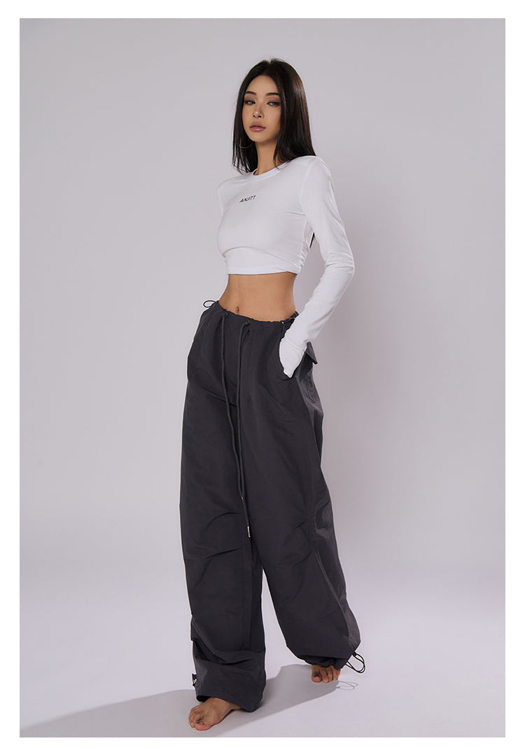 AN JITT Peach Collection" Grey Parachute Pants New American Style Drawstring Utility Pants Wide-Leg Casual Pants for Women Spring/Summer