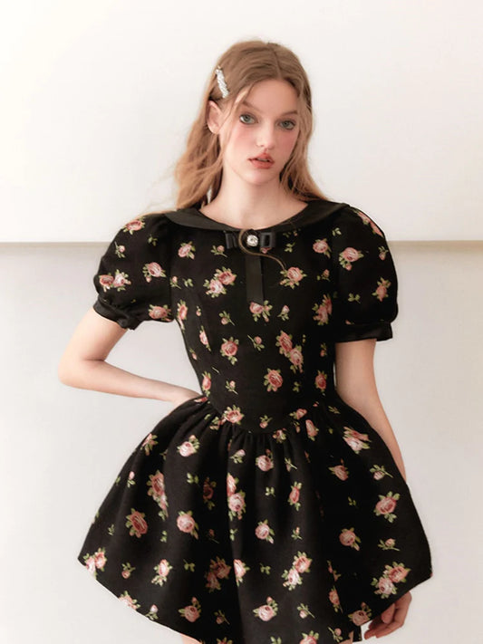 Rose Print Princess Puff Dress