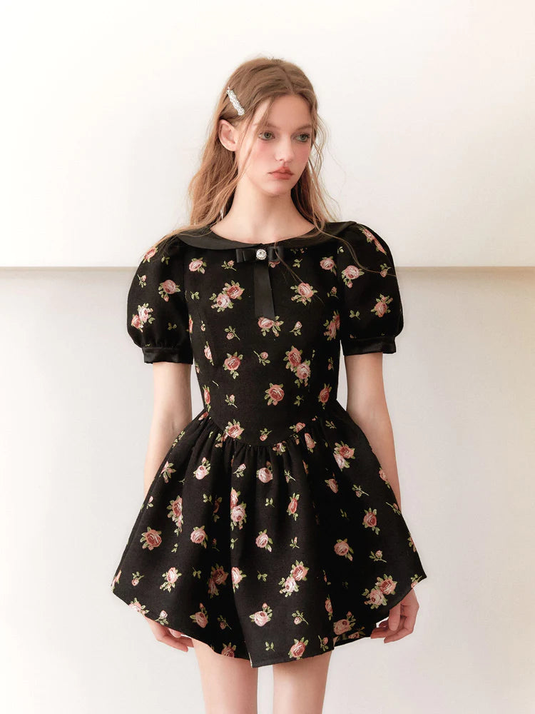 Rose Print Princess Puff Dress