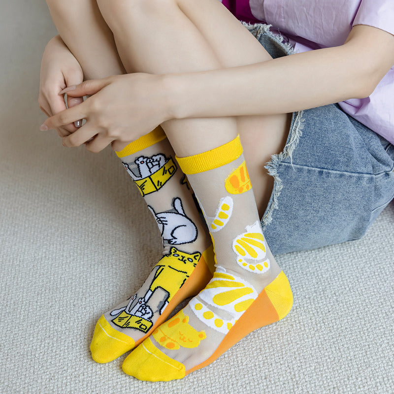 CrazySox's spring and summer individual glass silk socks for women, trendy mid-calf socks with a college-style, simple and thin silk stockings.