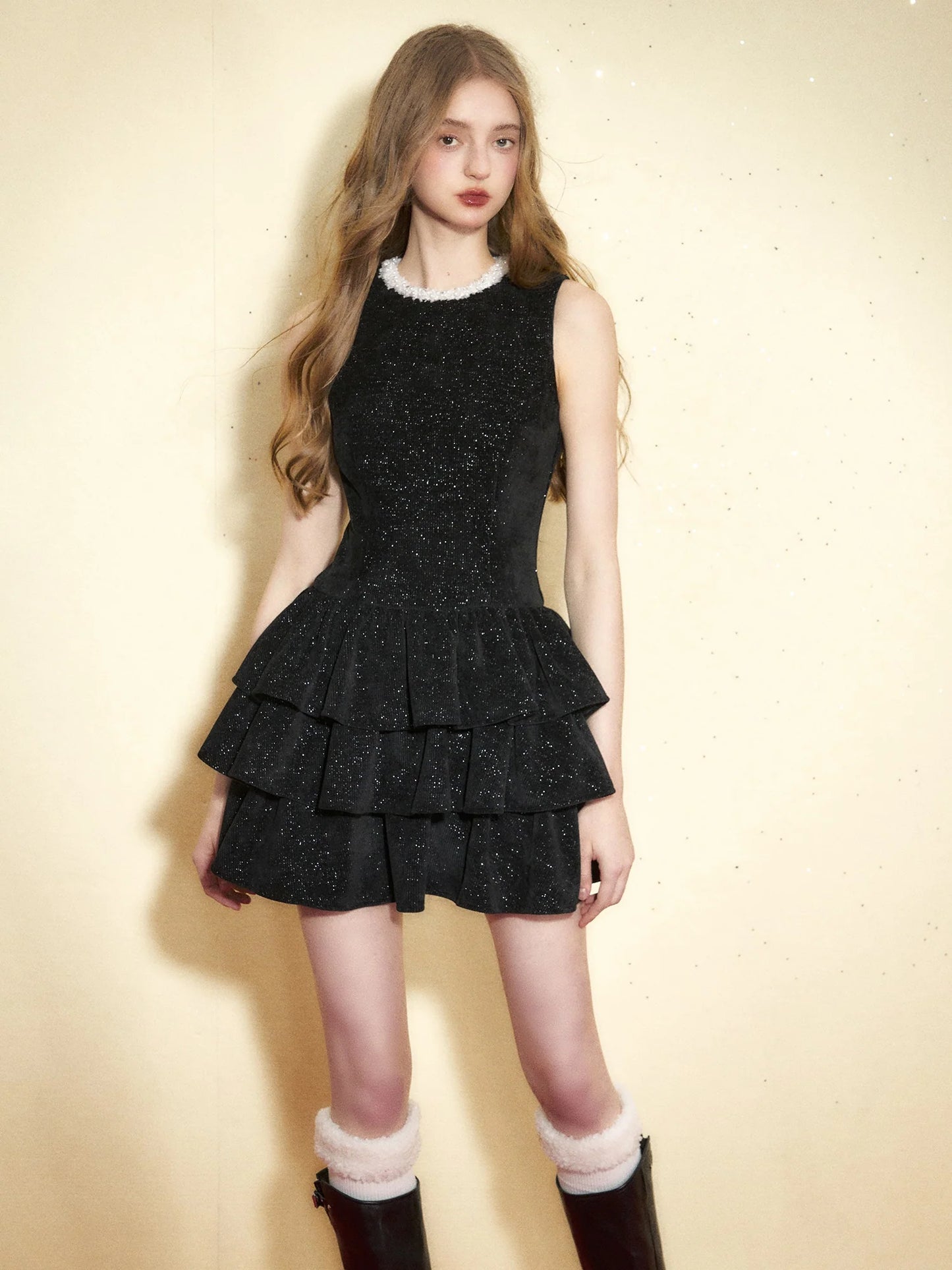 Glitter Velvet Pearl Collar Cake Sleeveless Dress