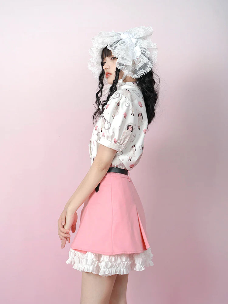 Antique Doll Rose Pearl Print Puff Sleeve Shirt- Outfit Inspo