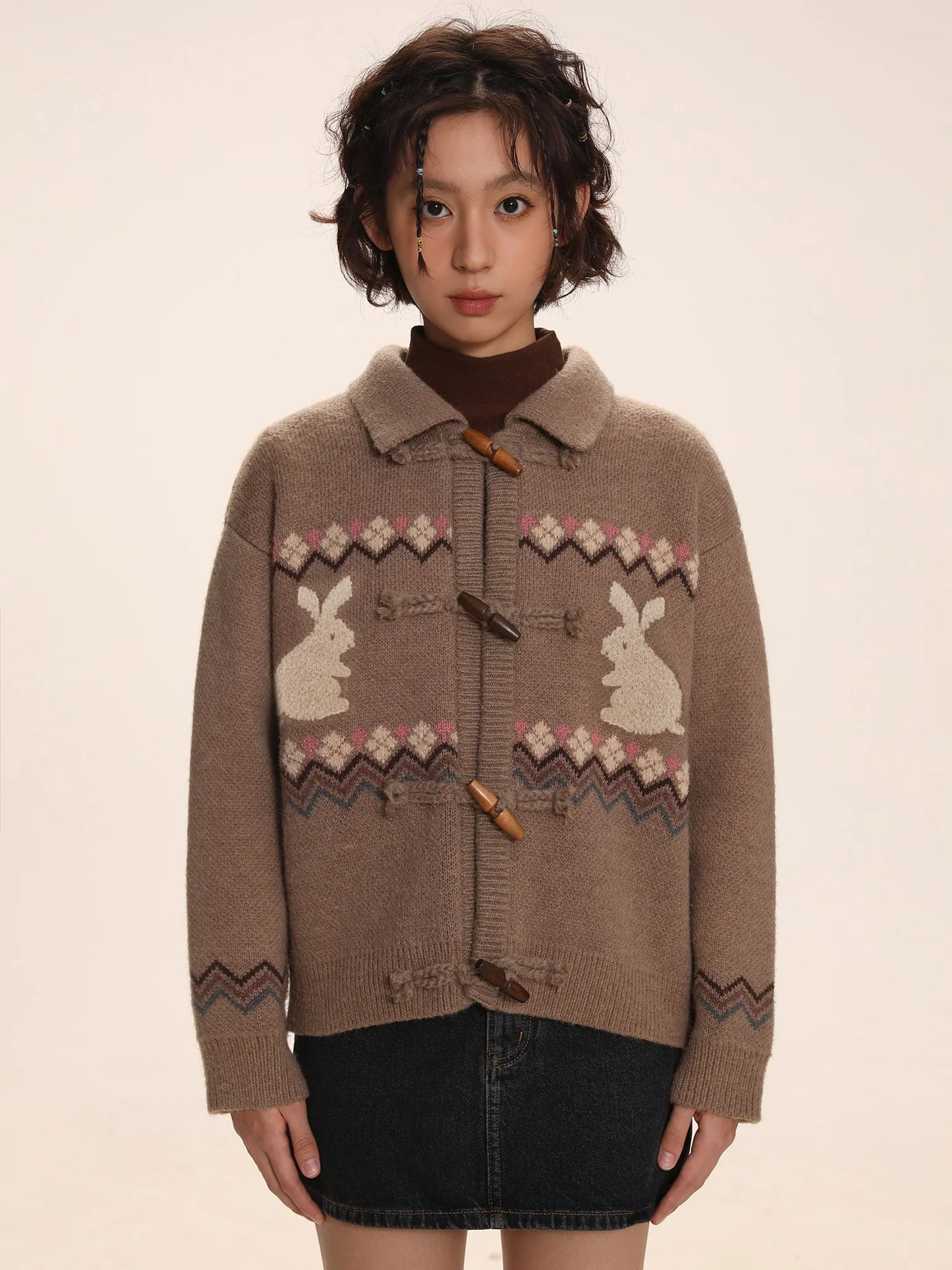 Horn Buckle Rabbit Knitted Cardigan