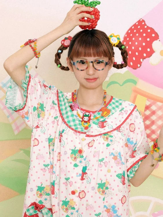 Strawberry Bear Print Loose One-piece- Simple Outfits