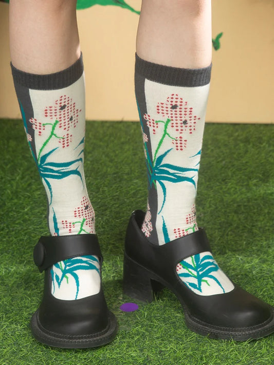 Phalaenopsis Jacquard Mid-calf Socks- Outfits Aesthetic