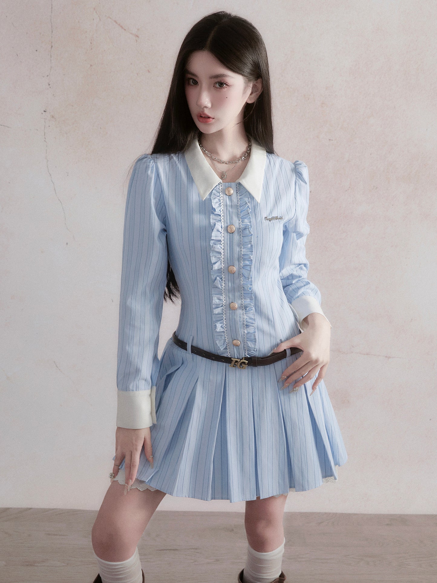 fragileheart Fragile Store Sweet College Style Blue Striped Shirt Dress French Birthday Dress