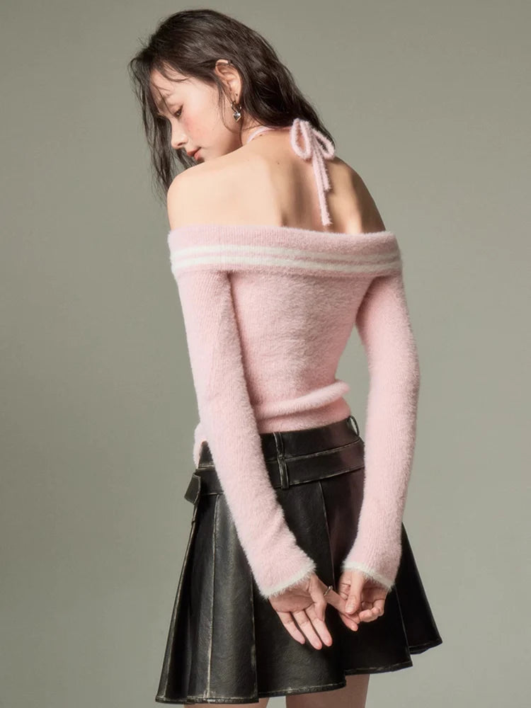 Rose Cross Strap One-Shoulder Sweater