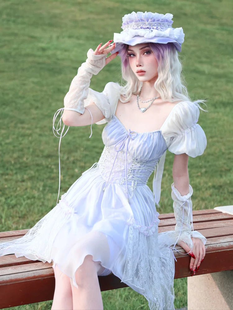 Y2K Sweet Puff Sleepes Lace French Dress- Outfit Inspo