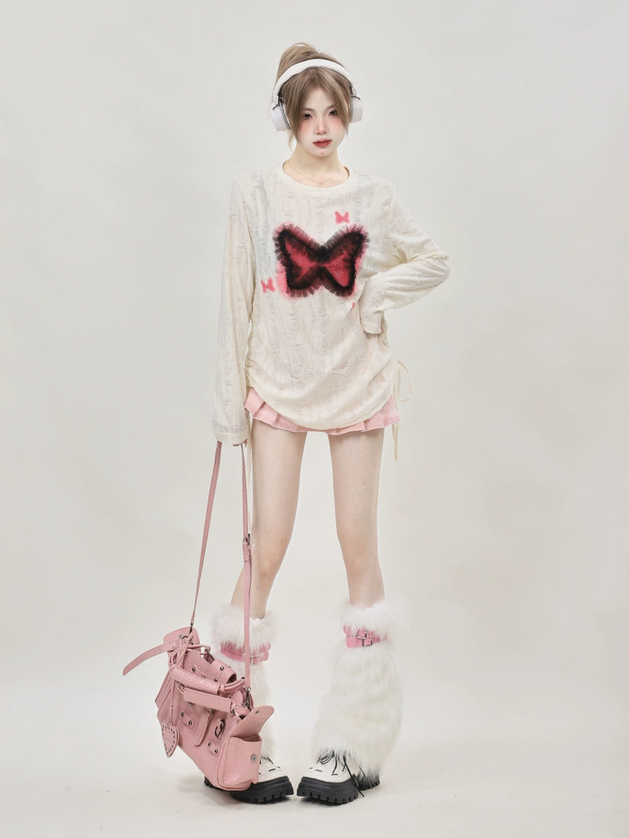 imKawaii Original Wasteland-style butterfly white long-sleeved top, undershirt, drawstring top -pn5016