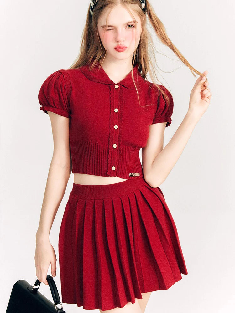 Puff Sleeve Knitted Sweater & Pleated Mini Skirt