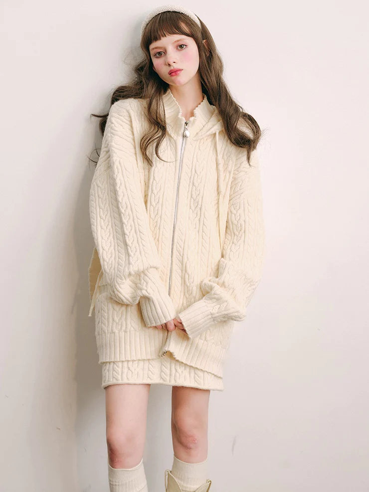 Bunny Ears Hooded Knitted Cardigan & Skirt