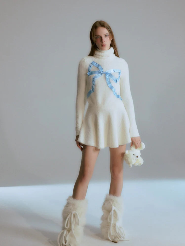 Turtle-Neck Ribbon Knit Flare Fluffily Cute One-Piece