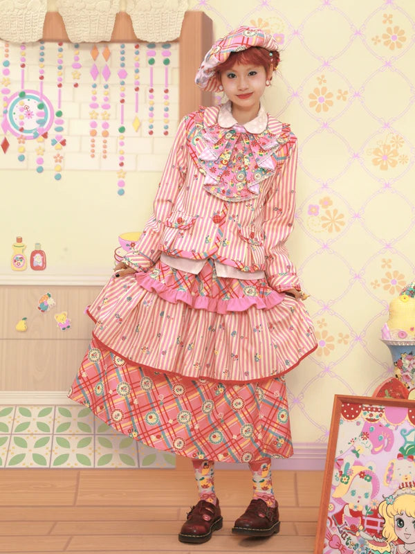 Printing Stripe Stitching Short Jacket & Cake Skirt