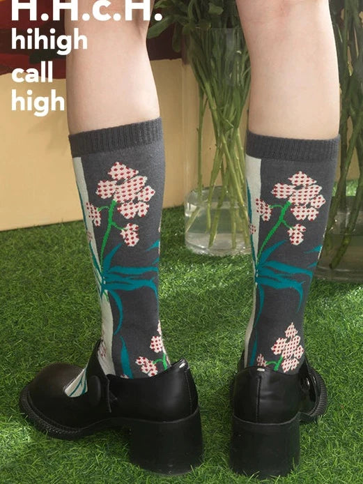 Phalaenopsis Jacquard Mid-calf Socks- Outfits Aesthetic