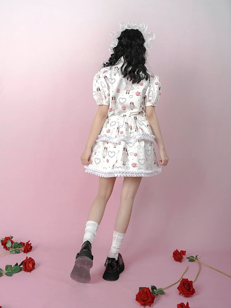 Antique Doll Rose Pearl Print Puff Sleeve Shirt- Outfit Inspo