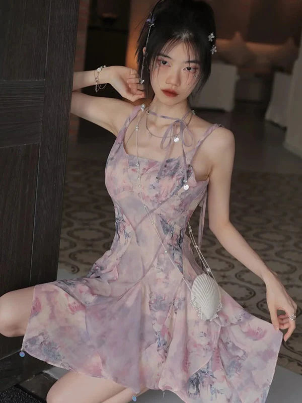 Oil Painting Printed Suspender Dress & Mesh Pleat Dress & Shirt Cardigan