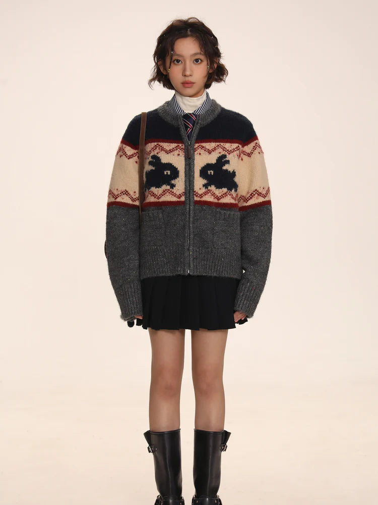 Rabbit Jacquard Zipper Knitted Cardigan