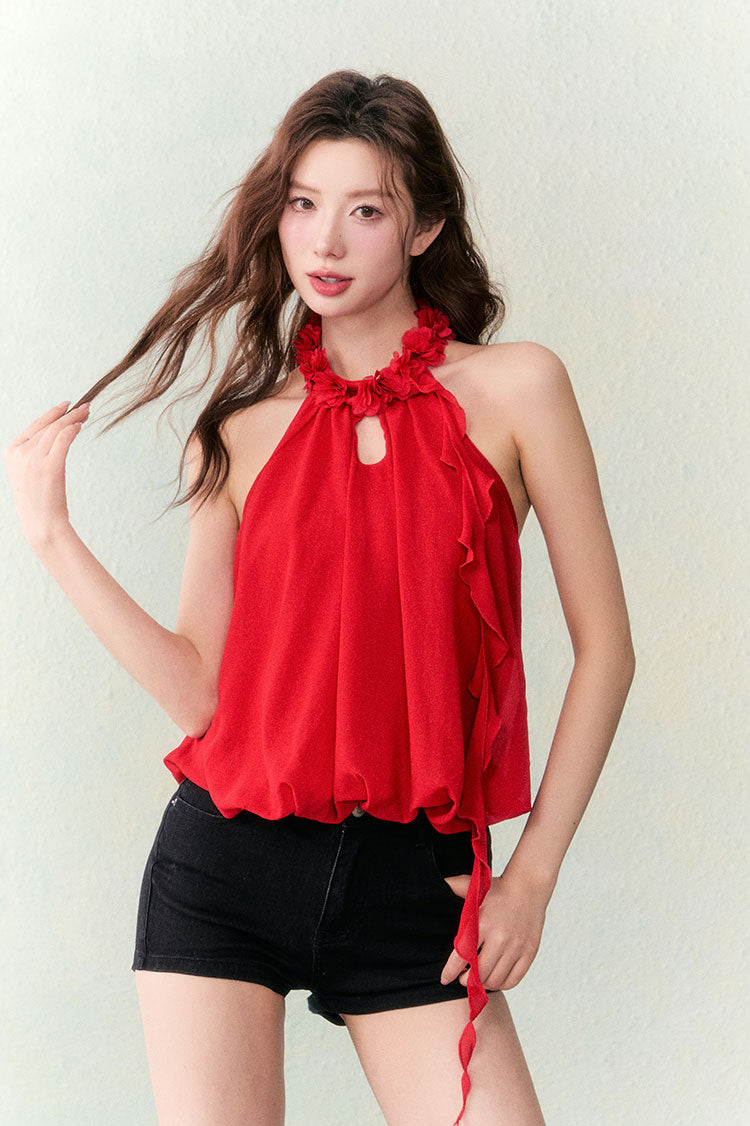 OCRC Official Red Flower Collar Spaghetti Strap Design Sensation Floating Ribbon Bud Chiffon Top