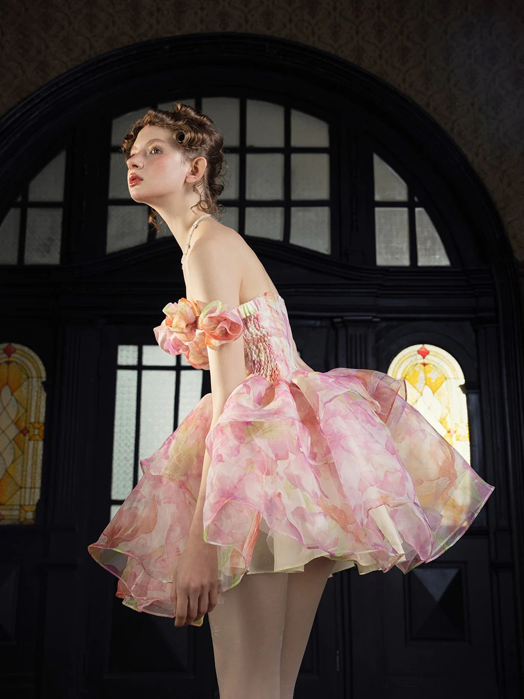 Smudged Three-Dimensional Flower 2way Fluffy Dress