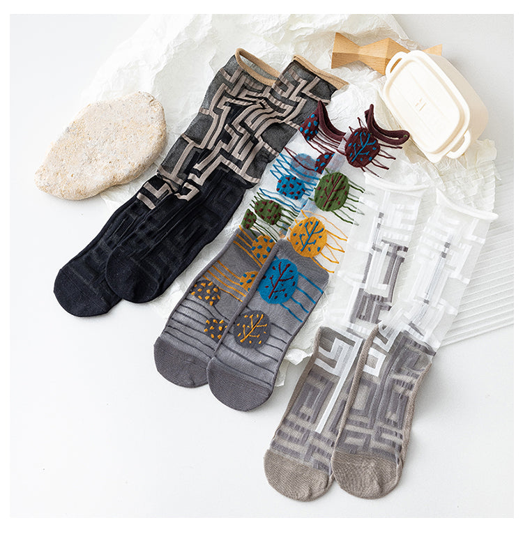 CrazySox's new French art silk stockings for women, featuring thin AB asymmetrical glass silk trendy mid-calf socks.