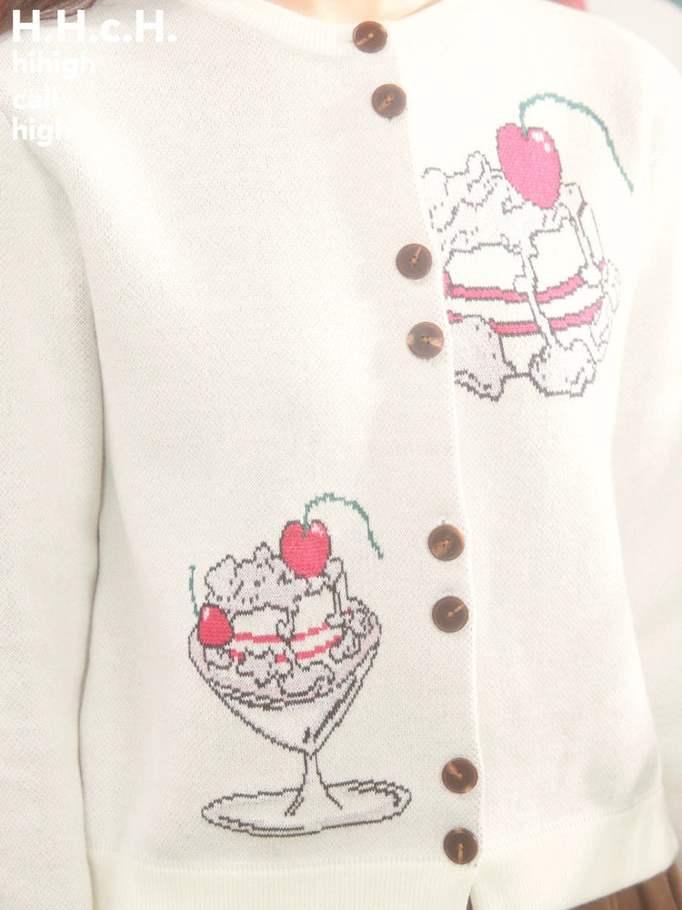 Cherry Cream Cake Jacquard Knitted Cardigan- Spring Fashion