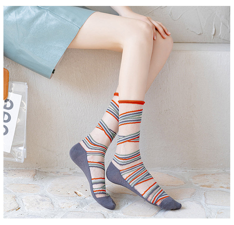 CrazySox's new French art silk stockings for women, featuring thin AB asymmetrical glass silk trendy mid-calf socks.