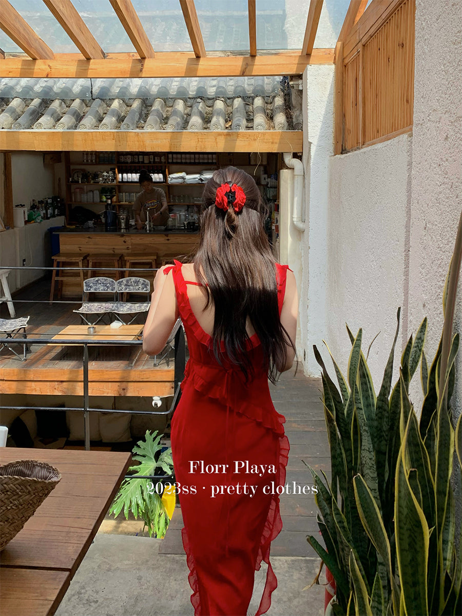 Flower Beauty - Powerless Rose Red High Slit Sling Dress for Women, Summer High-Waisted Slimming Holiday Mermaid Long Skirt