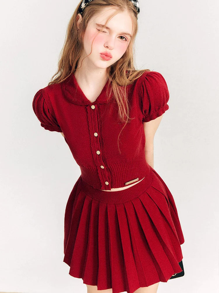 Puff Sleeve Knitted Sweater & Pleated Mini Skirt