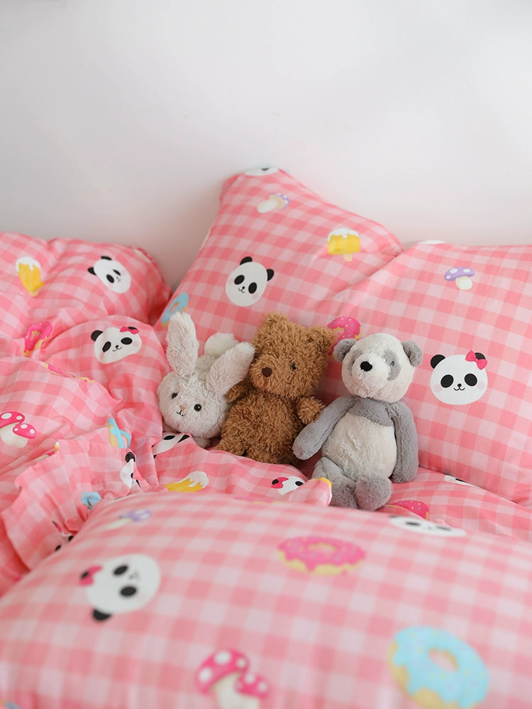 Lovely panda pink gingham pure cotton double-layer gauze bedsheet, duvet cover, fitted sheet, pillow case set, Bedding Set