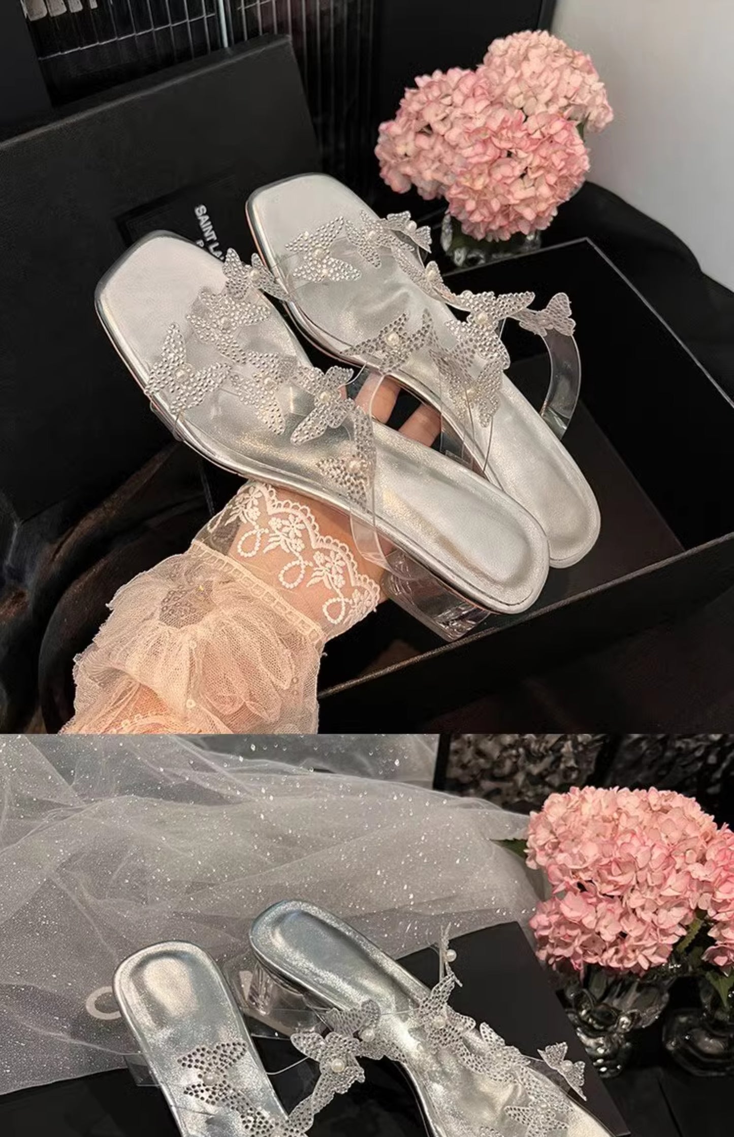 Lost in the Butterfly Valley! Exquisitely beautiful summer sandals with a fairy-like style, featuring blingy transparent butterfly crystal heels, perfect for wearing outdoors.