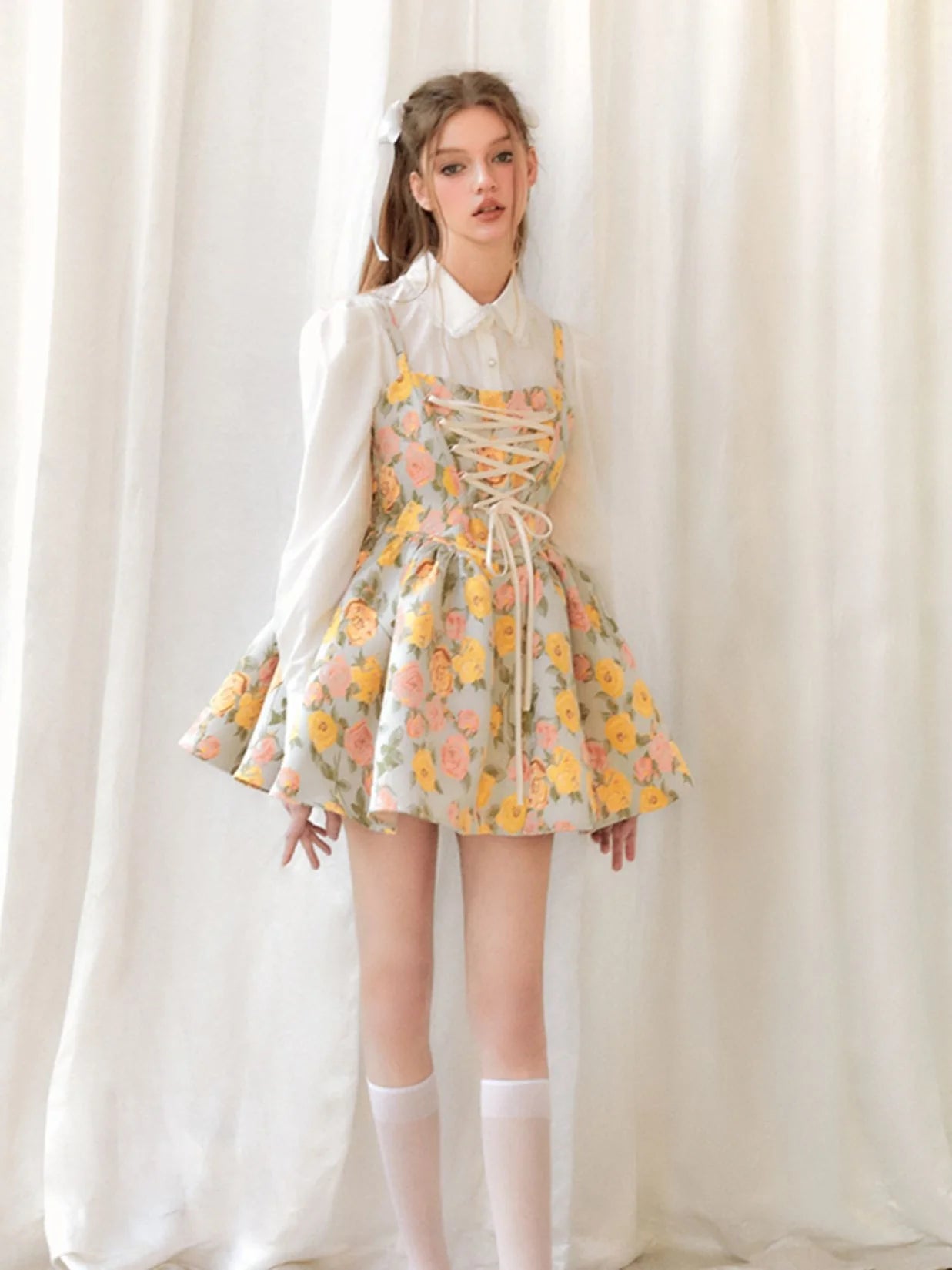 Oil Painting Ballet Style Suspender Dress & Waist Shape Shirt