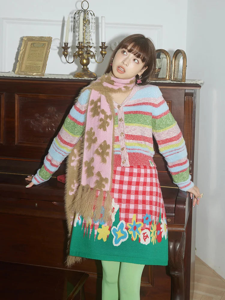 Plaid Plush Bear Flower Knitting Sweater & Skirt