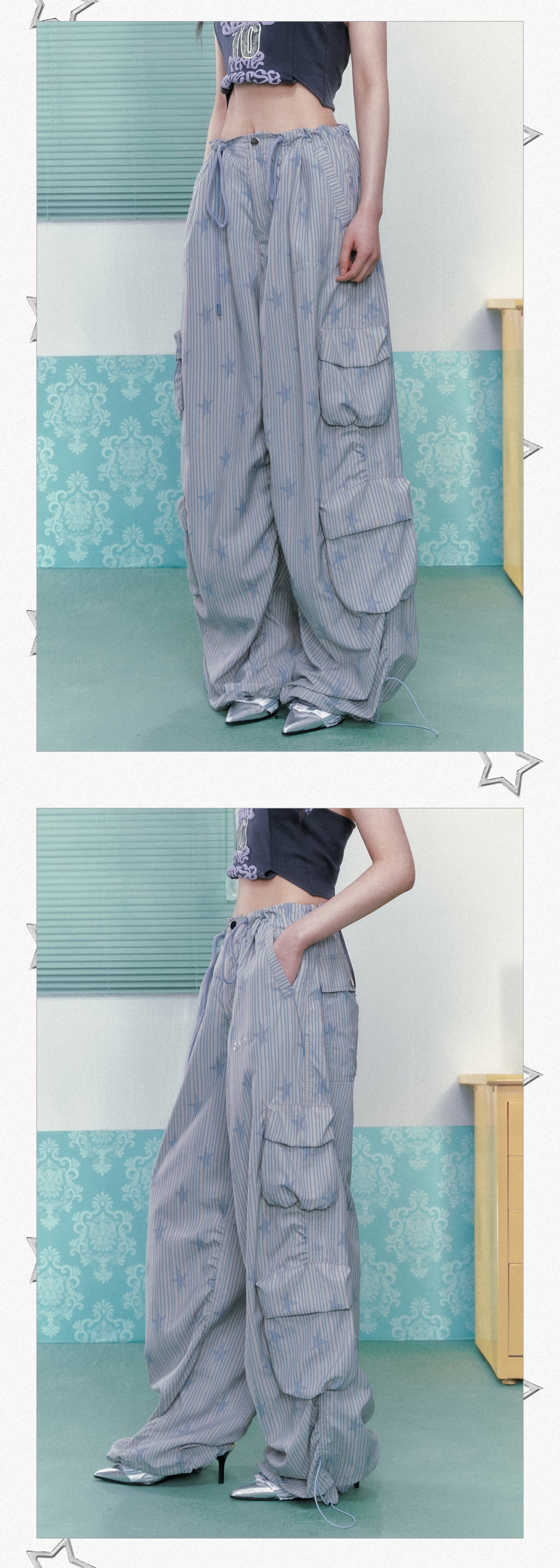 Women's Casual Pants, Original Drawstring Printed Loose Design Wide Leg Pants with a Sense of Style for Summer