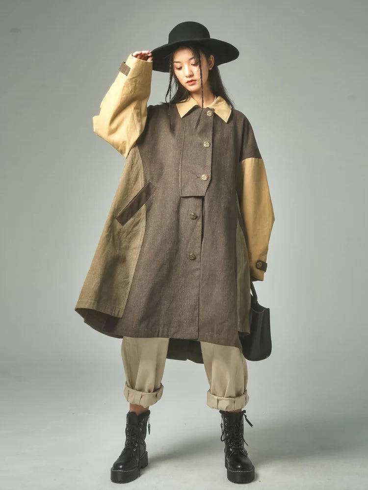 Retro Stitching Long Loose Cape Detachable Coat