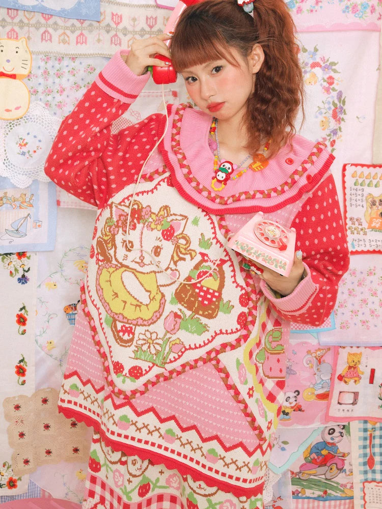 Large Lapel Cat Strawberry Jacquard Pullover Sweater- Outfits Aesthetic