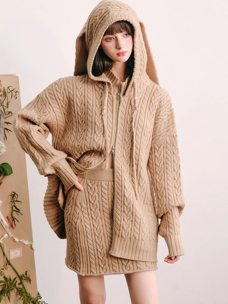 Bunny Ears Hooded Knitted Cardigan & Skirt