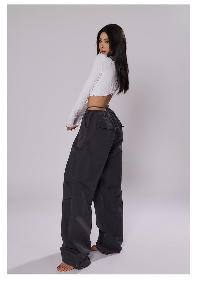 AN JITT Peach Collection" Grey Parachute Pants New American Style Drawstring Utility Pants Wide-Leg Casual Pants for Women Spring/Summer