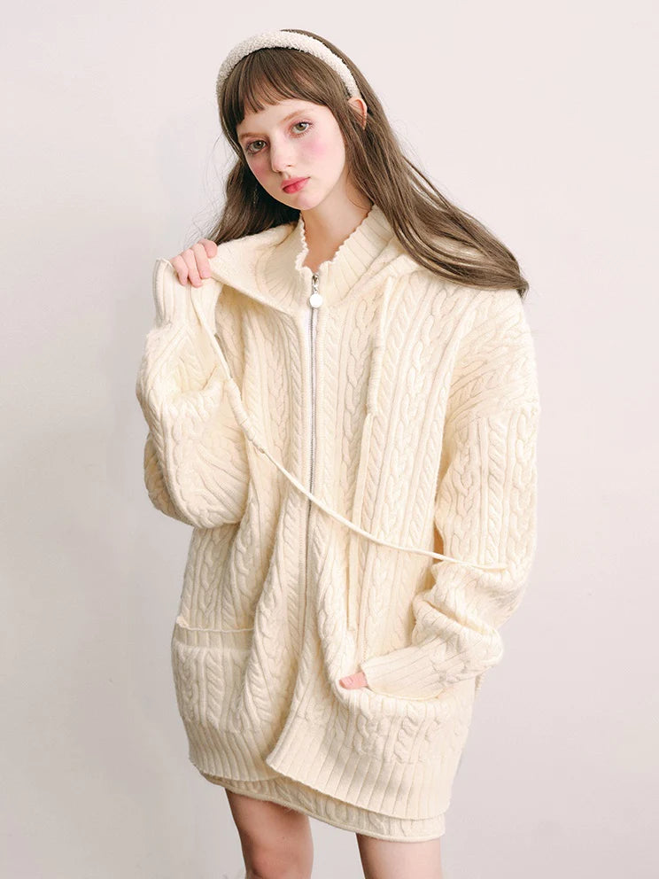 Bunny Ears Hooded Knitted Cardigan & Skirt