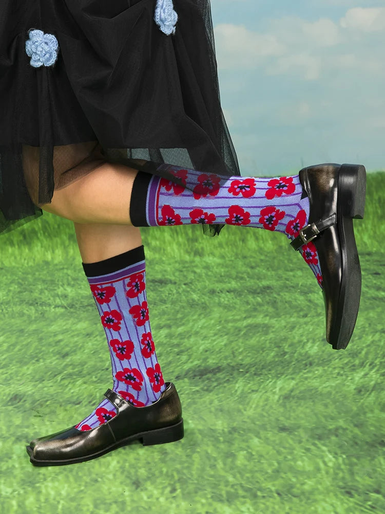 Flower Pattern Jacquard Striped Socks- Outfits Aesthetic