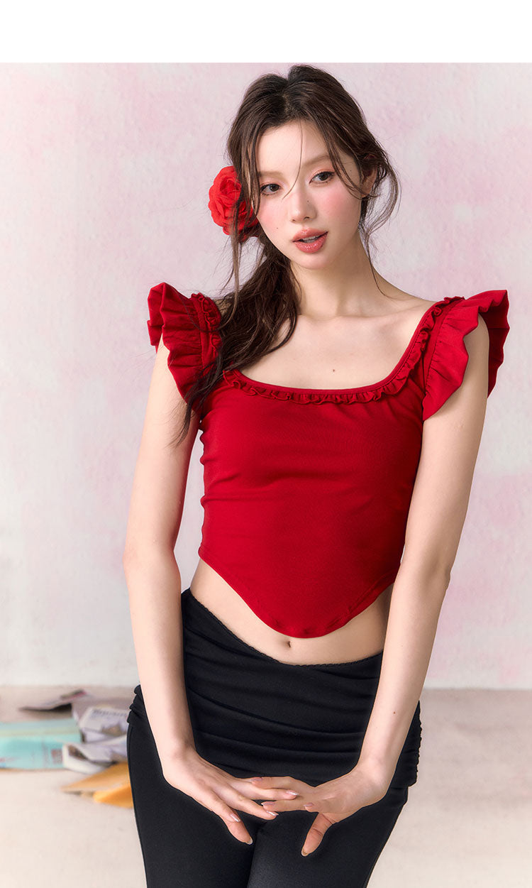 OCRC Official Red Spicy Girl's Small Flying Sleeve Sling Top Women's Summer Slim Short T-shirt, can be worn on both sides